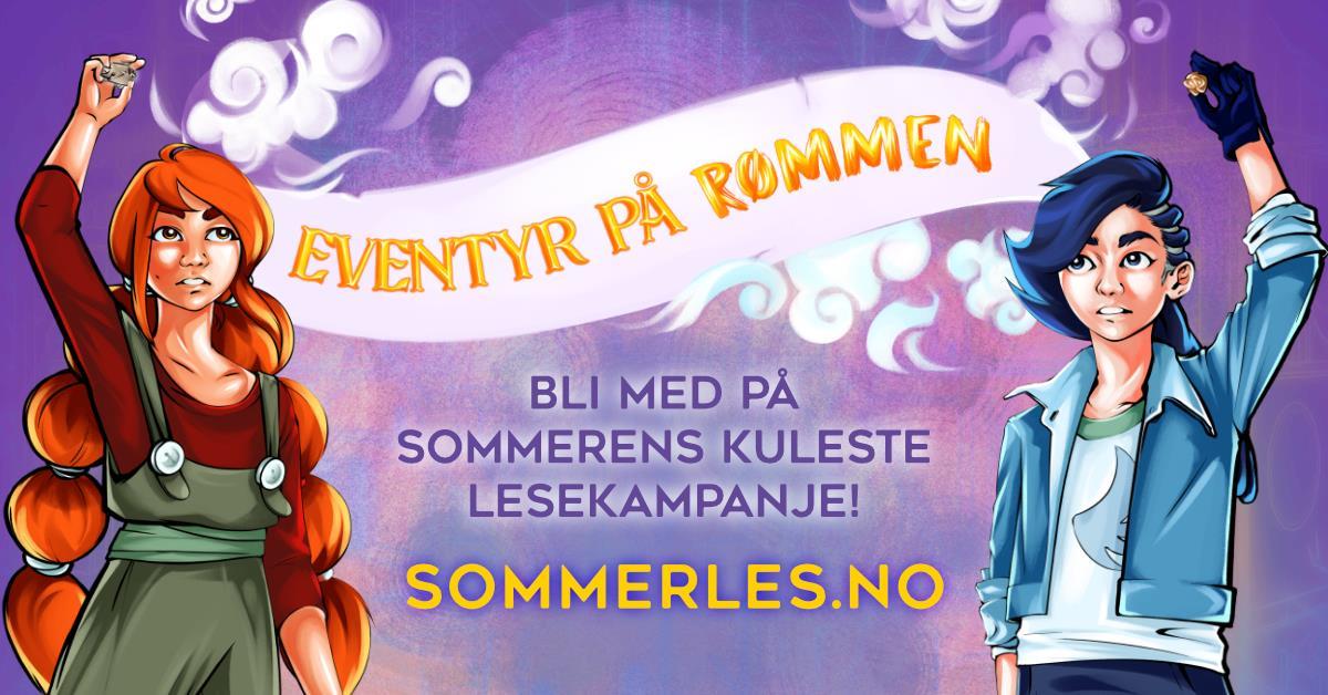 Reklamebilde for Sommerles: Bli med på sommerens kuleste lesekampanje! Illustrasjoner av figurer fra Sommerles-fortellingen. - Klikk for stort bilde