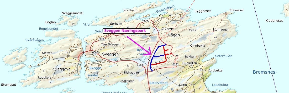 Oversiktsbilde som viser beliggenheten til Sveggen næringspark med adresseparseller - Klikk for stort bilde